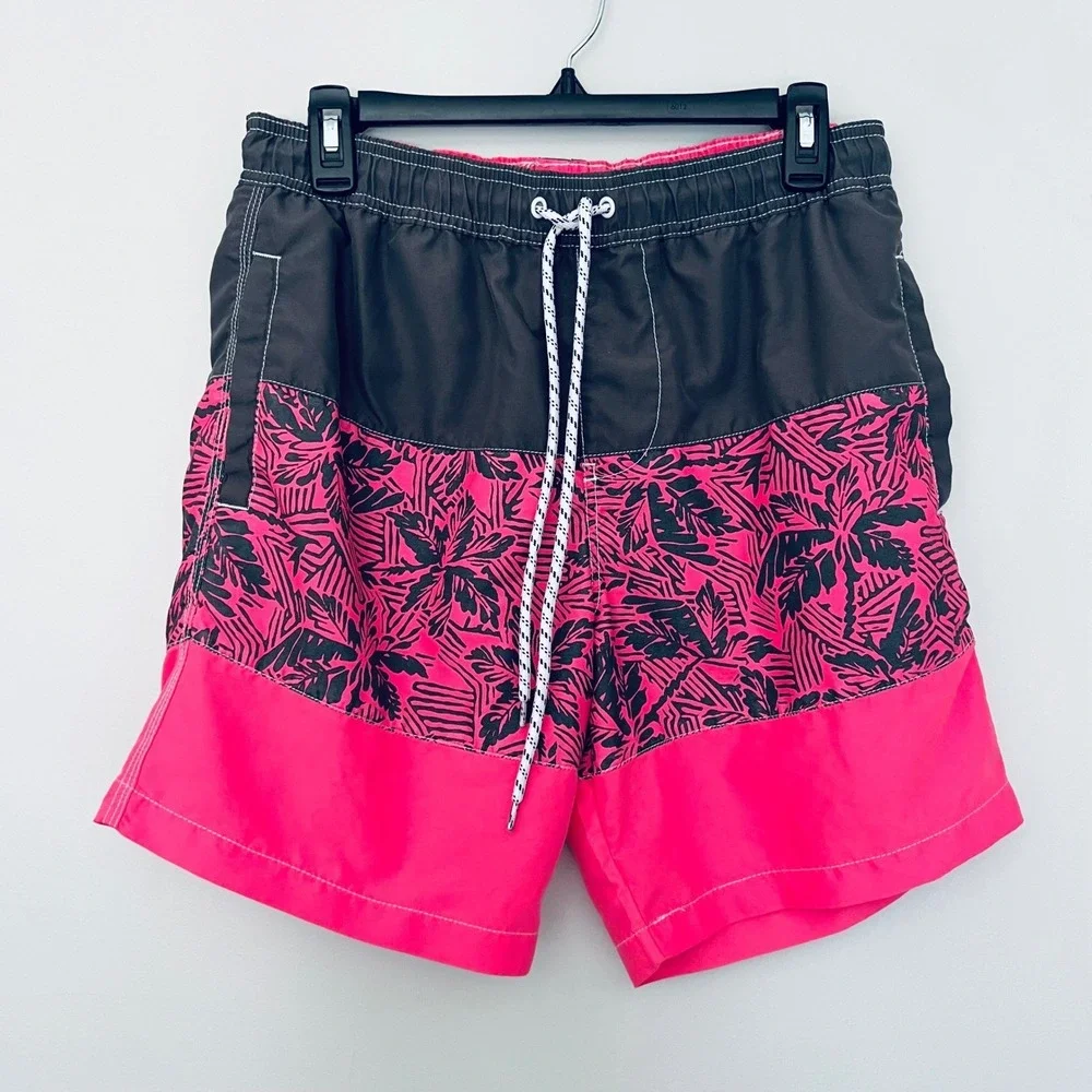 Mens Colorblock Tropical Palm Swim Trunks‎ Neon Pink Charcoal Board Shorts M